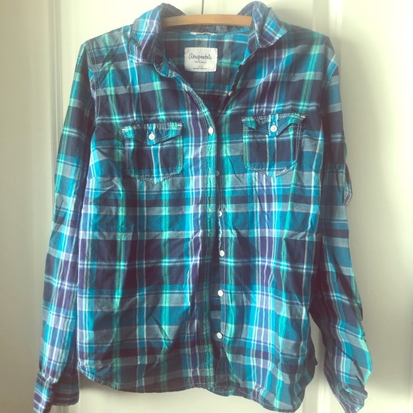 Aeropostale Aqua/blue plaid button-up size small - Picture 1 of 2